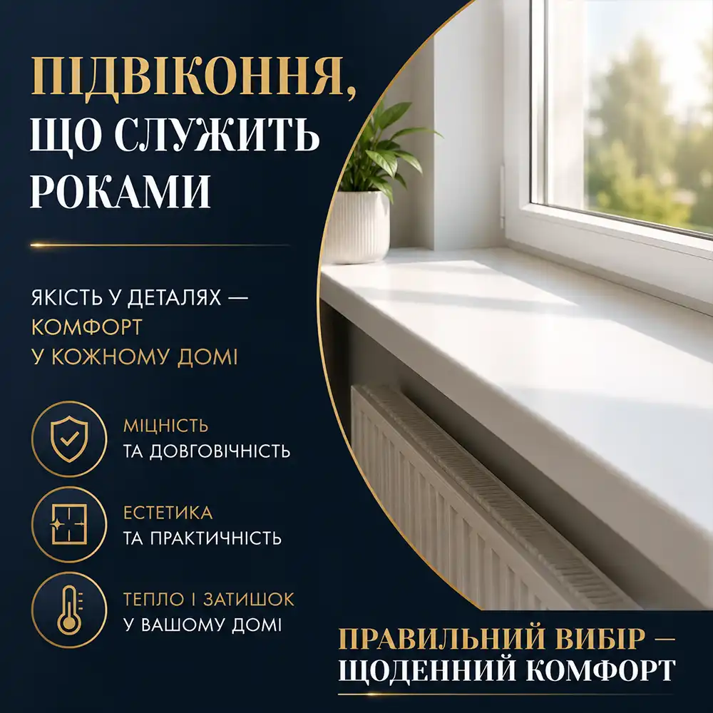 Замовити підвіконня з ПВХ, каменю в Києві 
